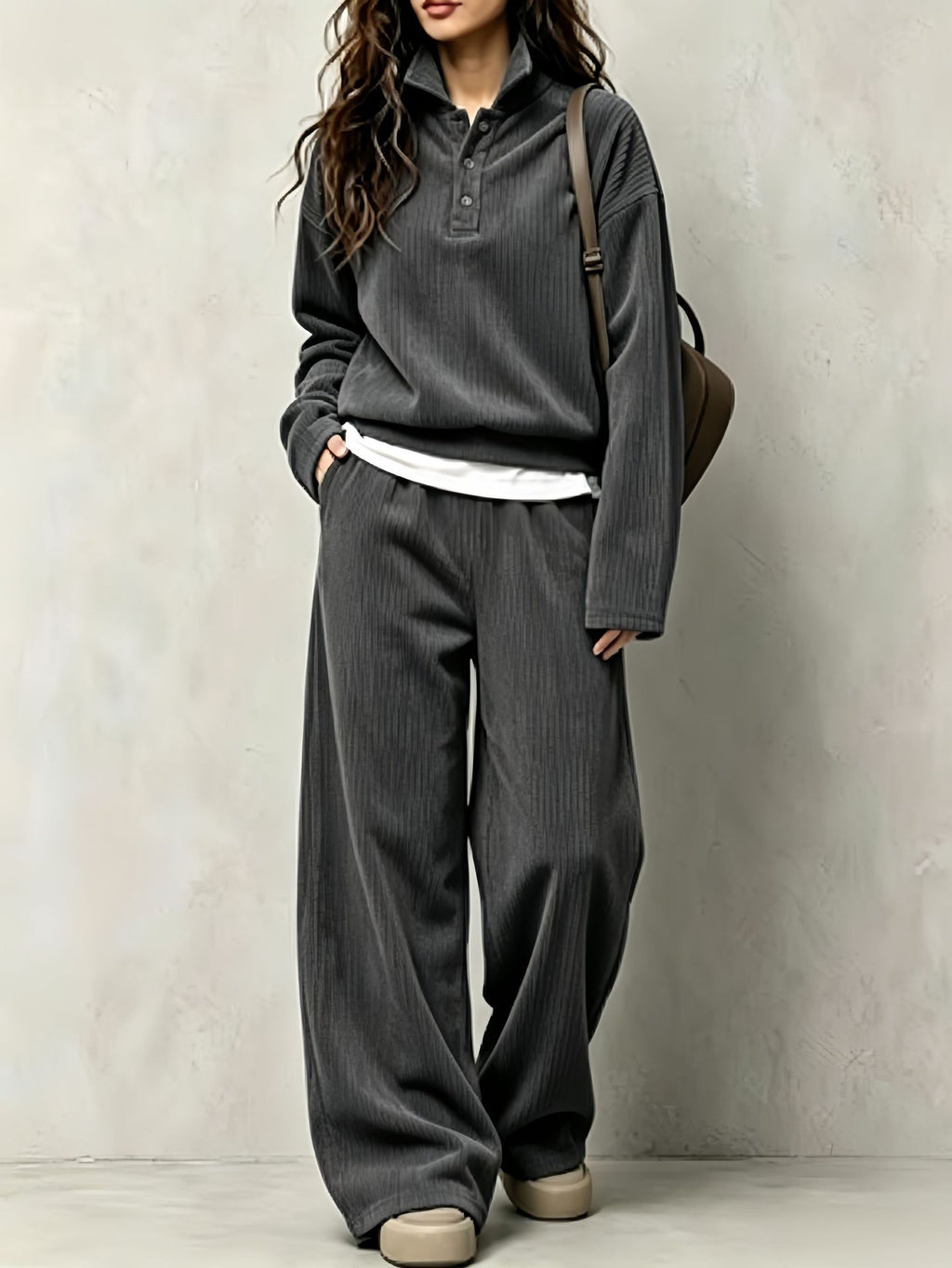Corduroy top and wide-leg pants set for women, image 8