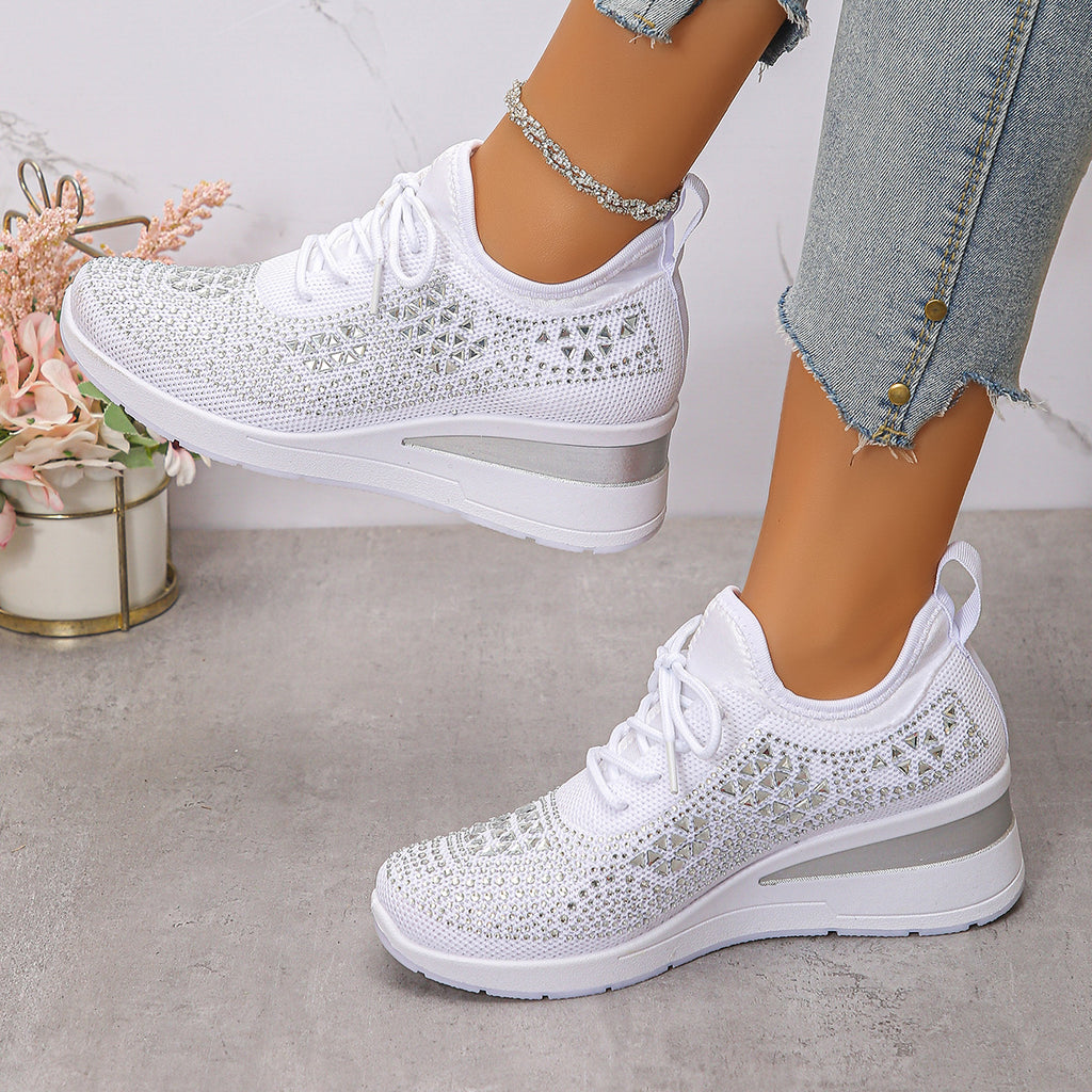 Women's Rhinestone Lace-Up Wedge Sneakers-Splashis, alternate view 1