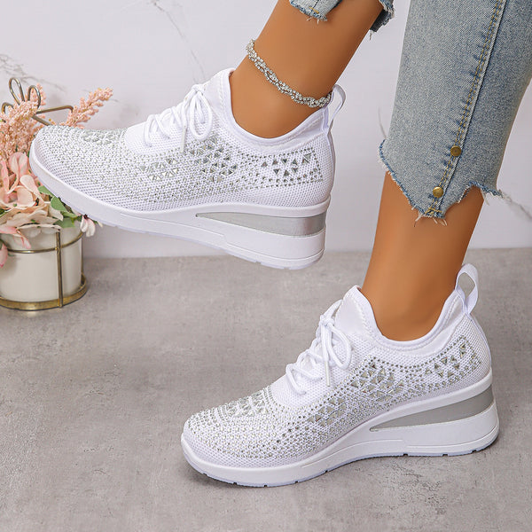Women's Rhinestone Lace-Up Wedge Sneakers-Splashis, alternate view 1