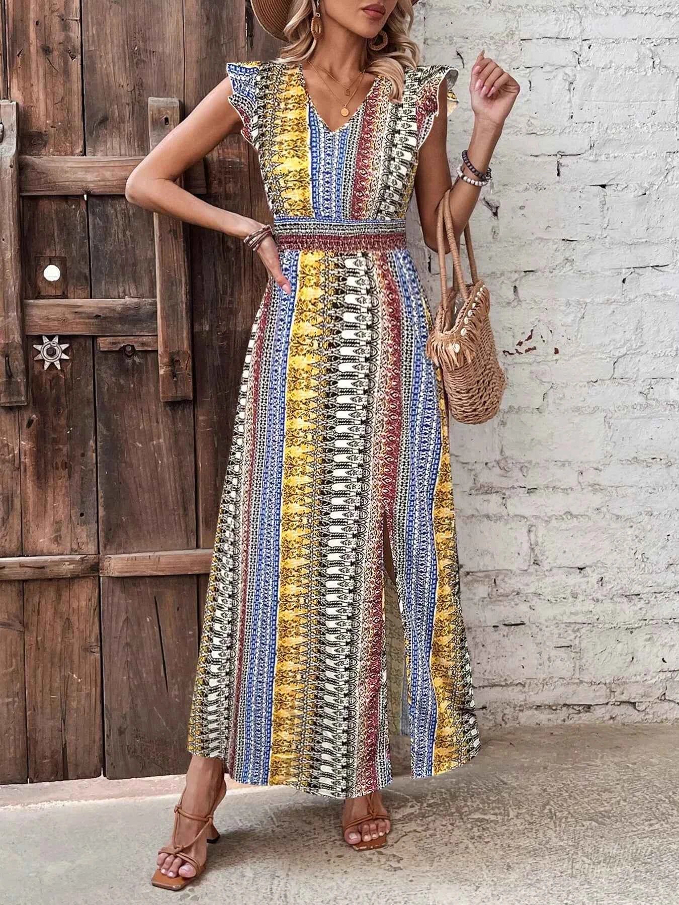 Boho Print Ruffle Sleeve Slit Dress-Casual Dresses-Splashis-Splashis