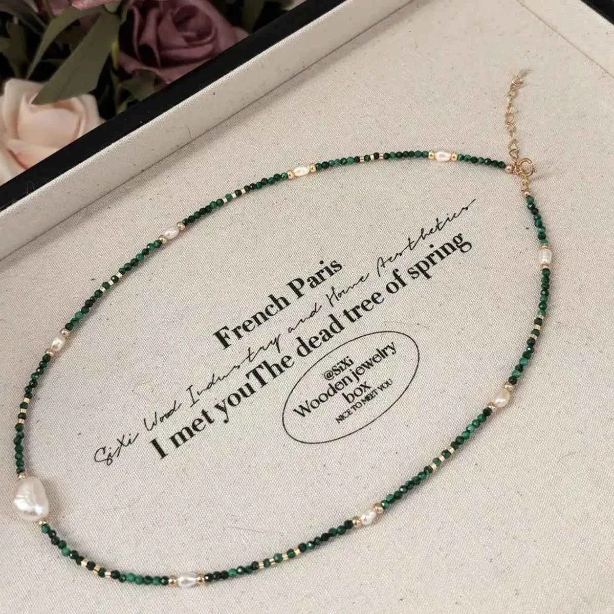 Freshwater pearl and malachite beaded necklace — additional view 6