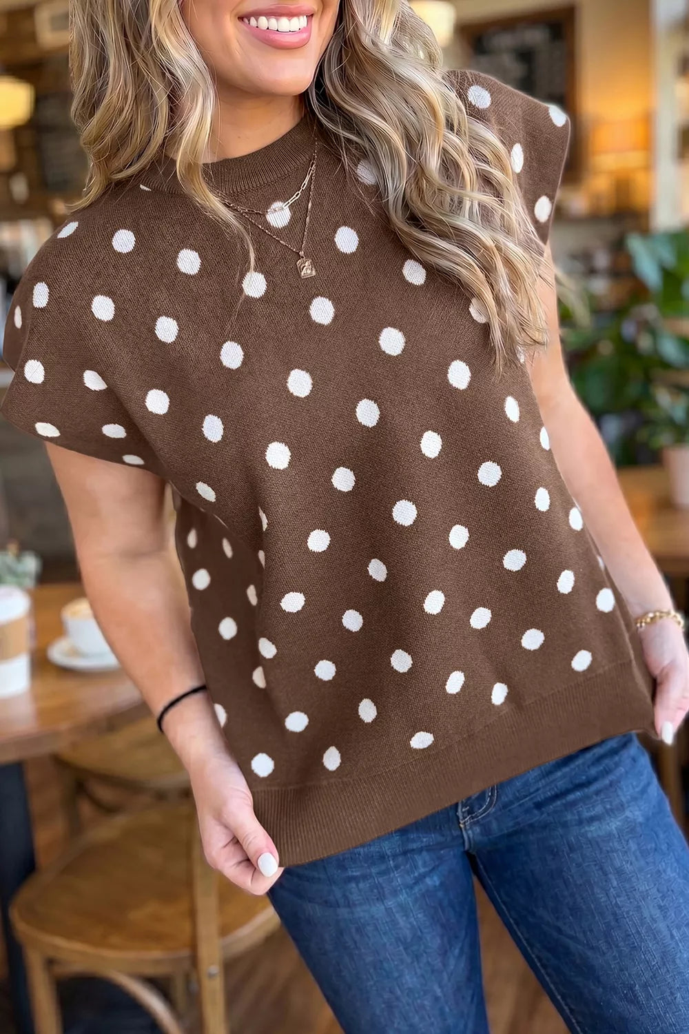 Dolman Short Sleeve Round Neck Polka Dot Sweater Image secondaire du produit