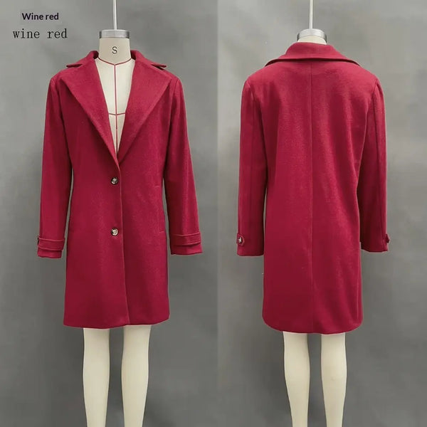 Wine red plain lapel coat, front and back views on mannequins