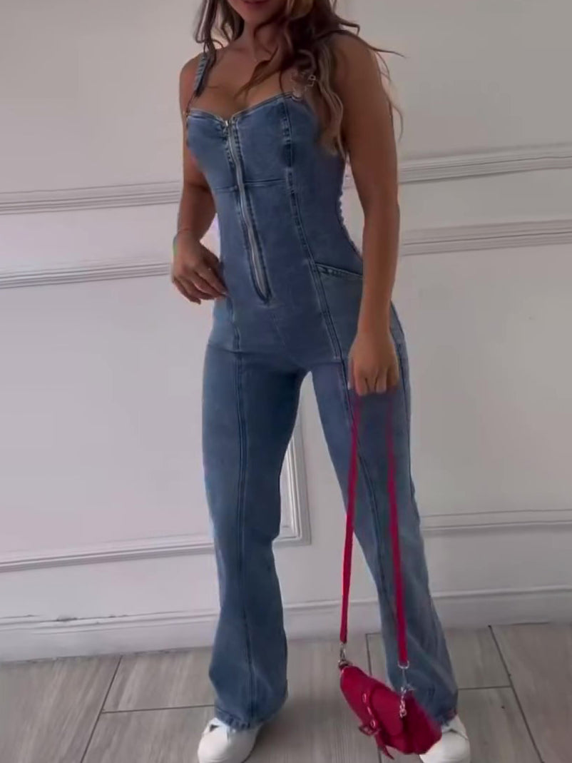 Blue Sleeveless Denim Jumpsuit, alternate product view
