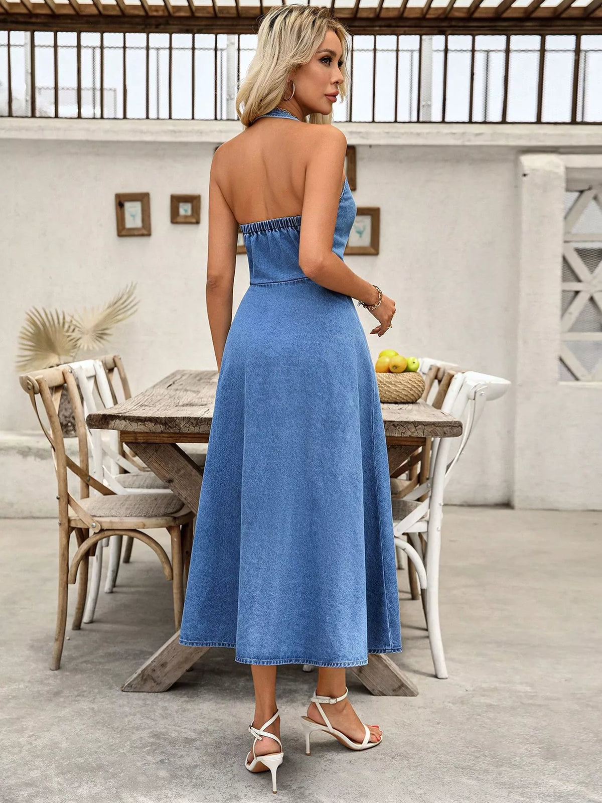Halter Neck Button-Down Denim Dress, alternate product view