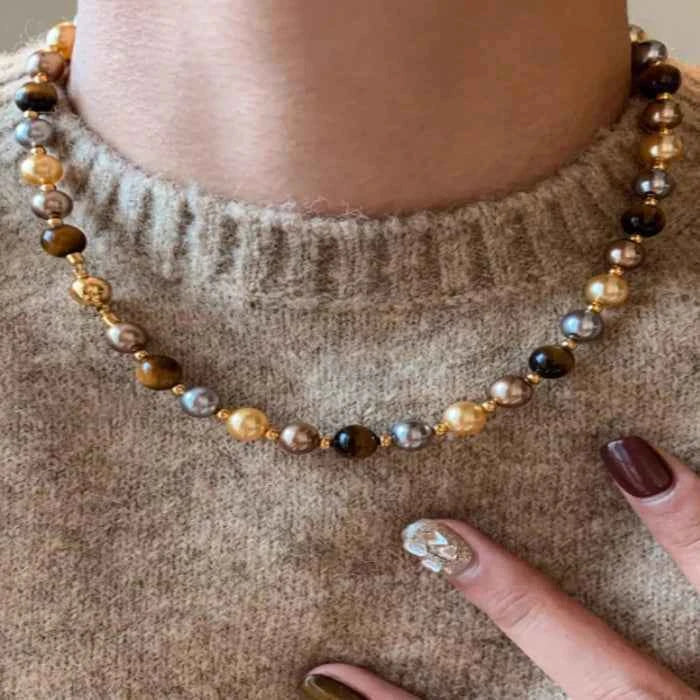 Tiger eye and pearl beaded necklace — primary view