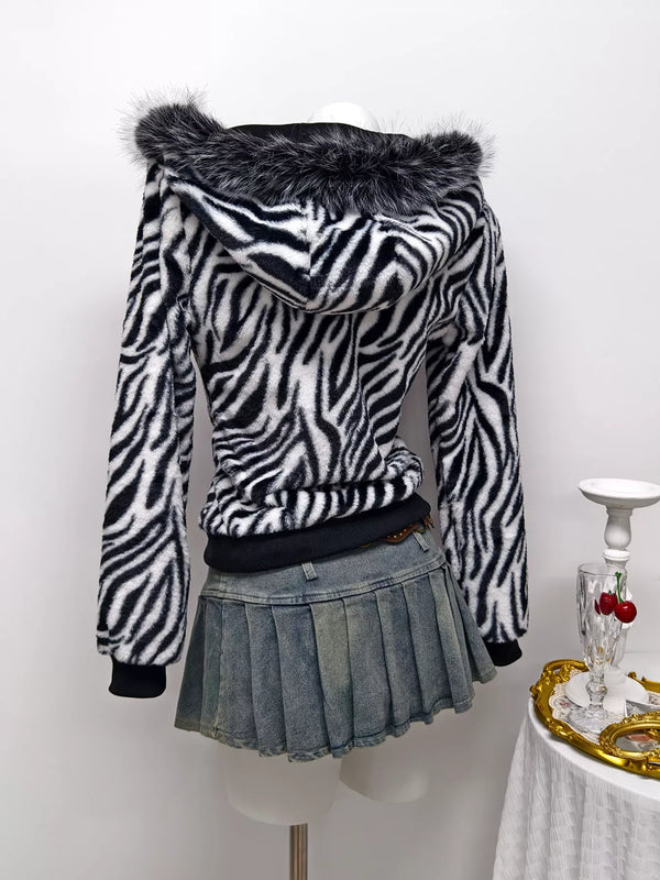 Zebra faux fur hooded zip-up jacket — additional view 5