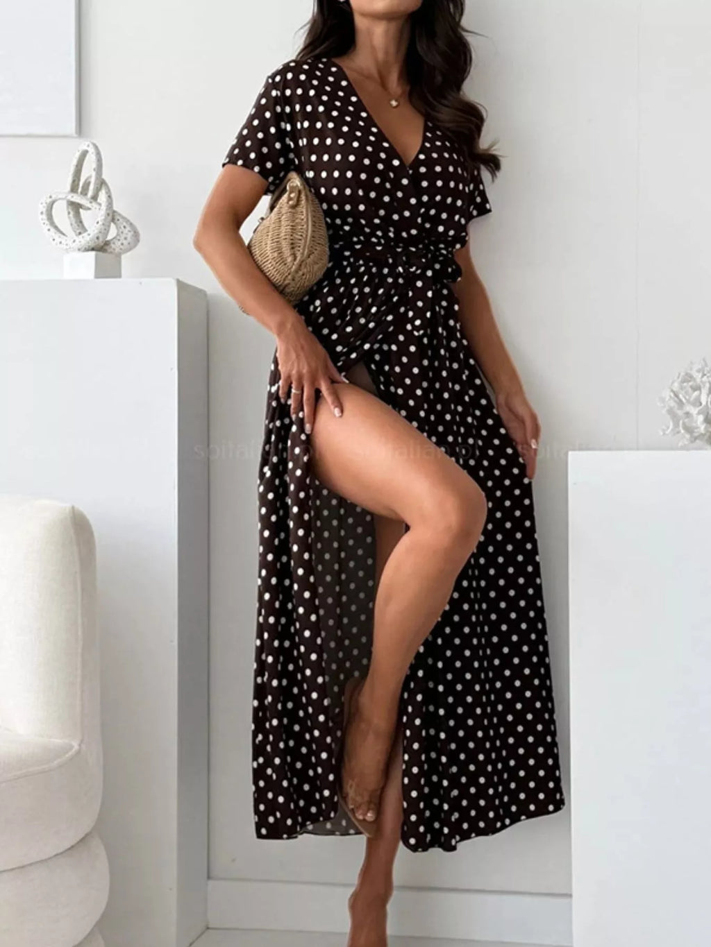 Polka Dot Surplice Maxi Dress with Slit view 16