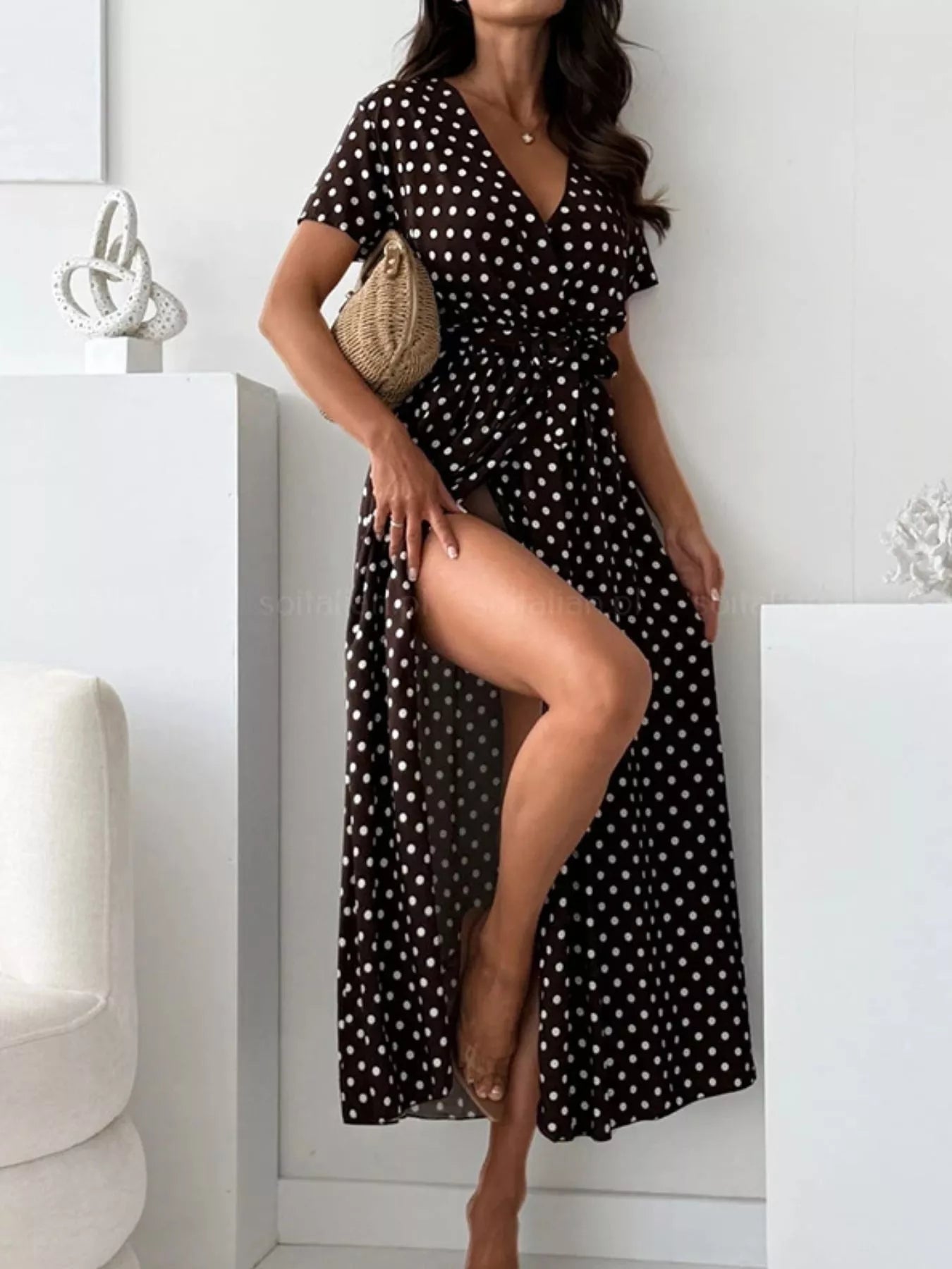 Polka Dot Surplice Maxi Dress with Slit view 16