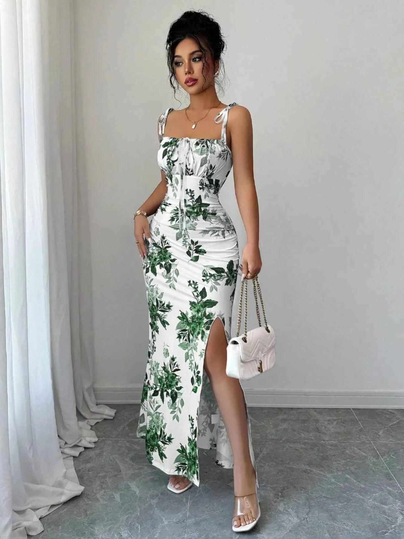 Printed Tie Strap Slit Maxi Dress-Maxi Dress.-Splashis-Color:Matcha Green-Size:XL-Splashis