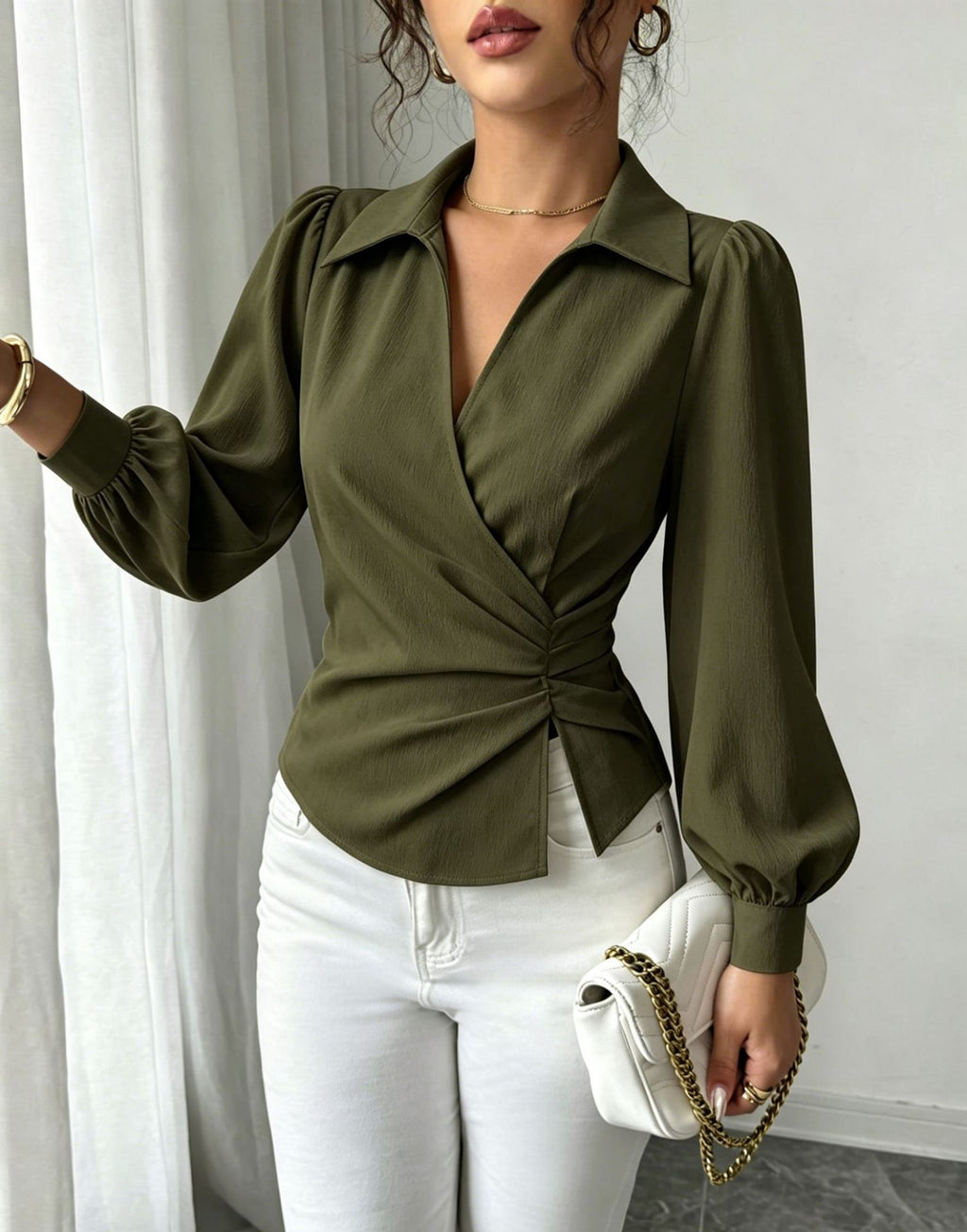 Product detail photo of Cinched Waist Irregular V Neck Top, Women’s Top, everyday style