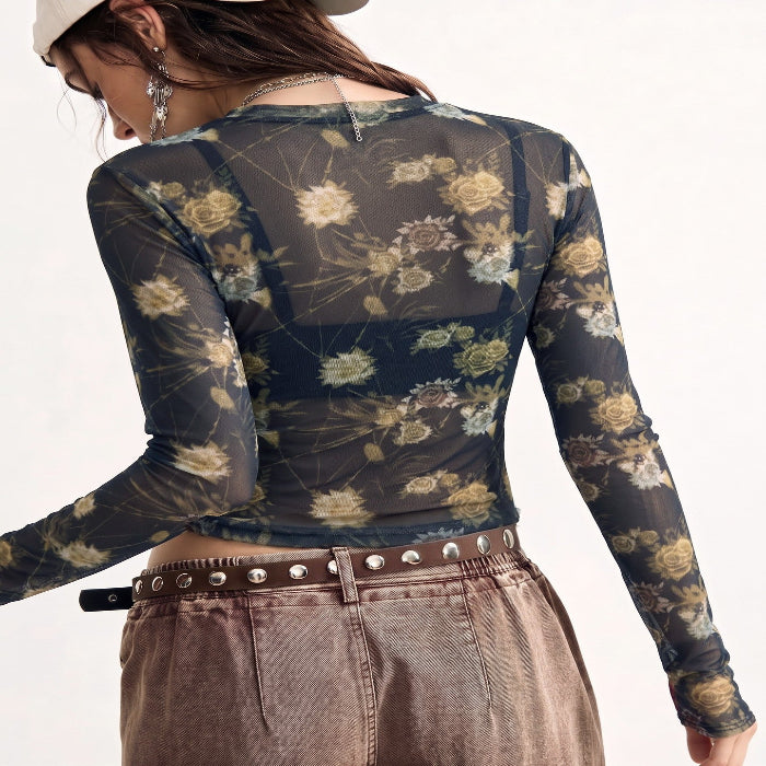 Women's Black Mesh Print Top - Round Neck Long Sleeve Blouse additional product view