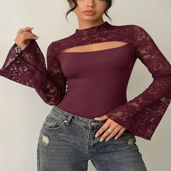 Lace cut-out flare sleeve bodysuit — primary view