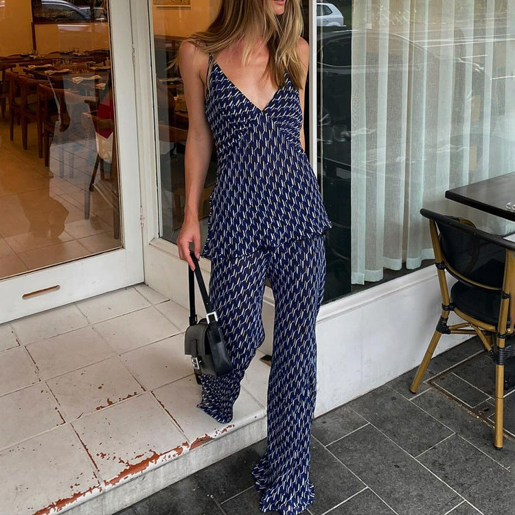 Women’s V-Neck Strap Top & Wide-Leg Pants Set, close-up product view