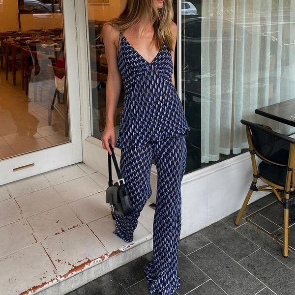 Women’s V-Neck Strap Top & Wide-Leg Pants Set, close-up product view