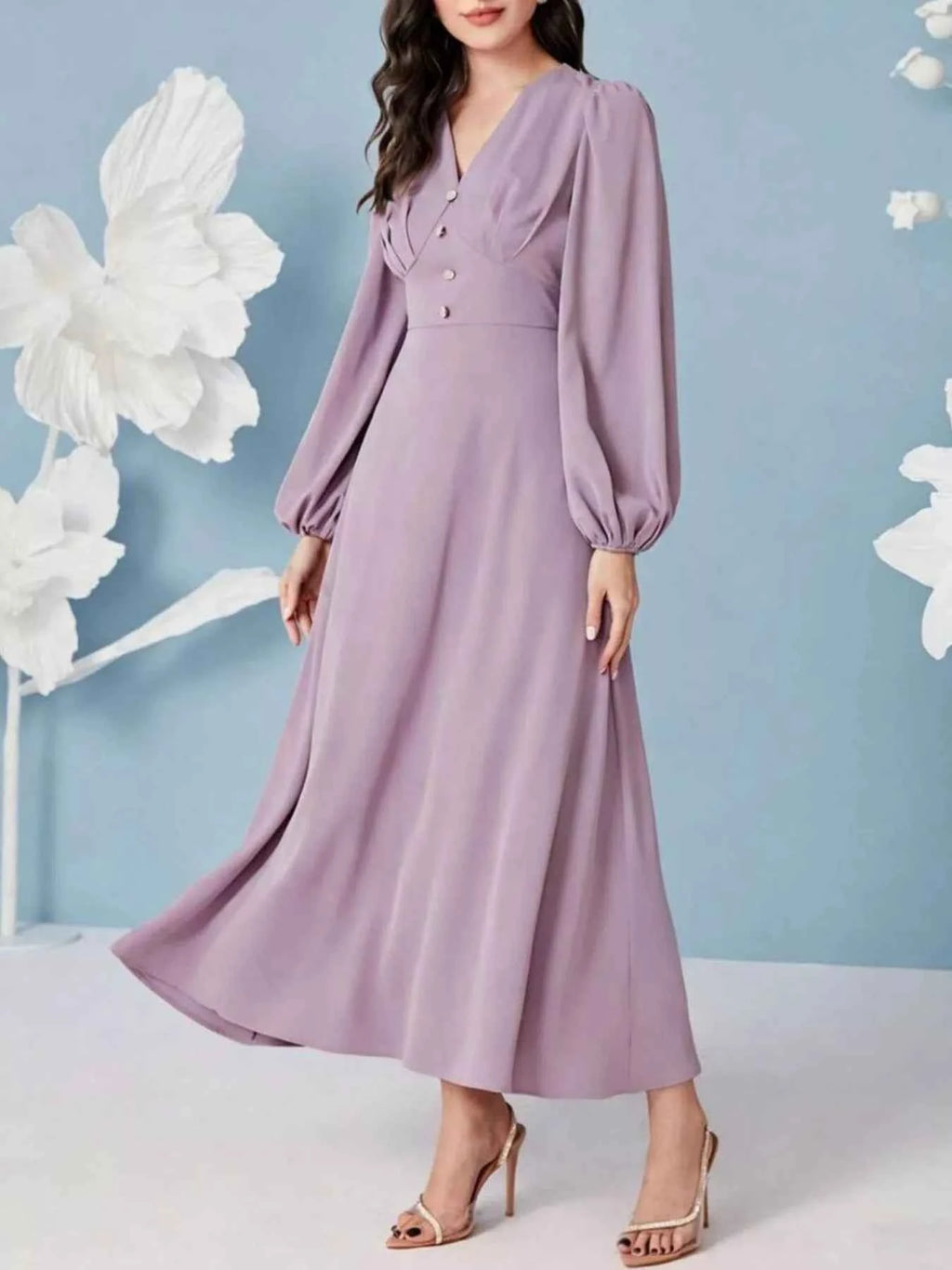 Balloon sleeve V-neck maxi dress — additional view 3