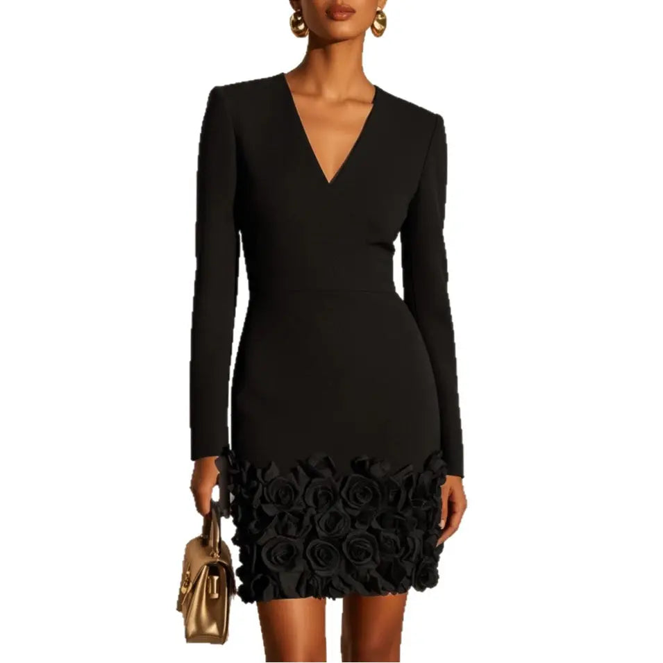 Black V-neck bodycon party dress with 3D floral detail