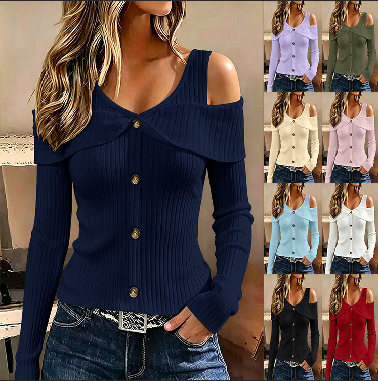 Women's Ribbed Off-Shoulder Top – Long Sleeve, 9 Colours additional product view