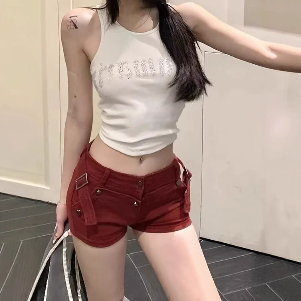 Women’s Low-Rise Stretch Denim Shorts, angled product view