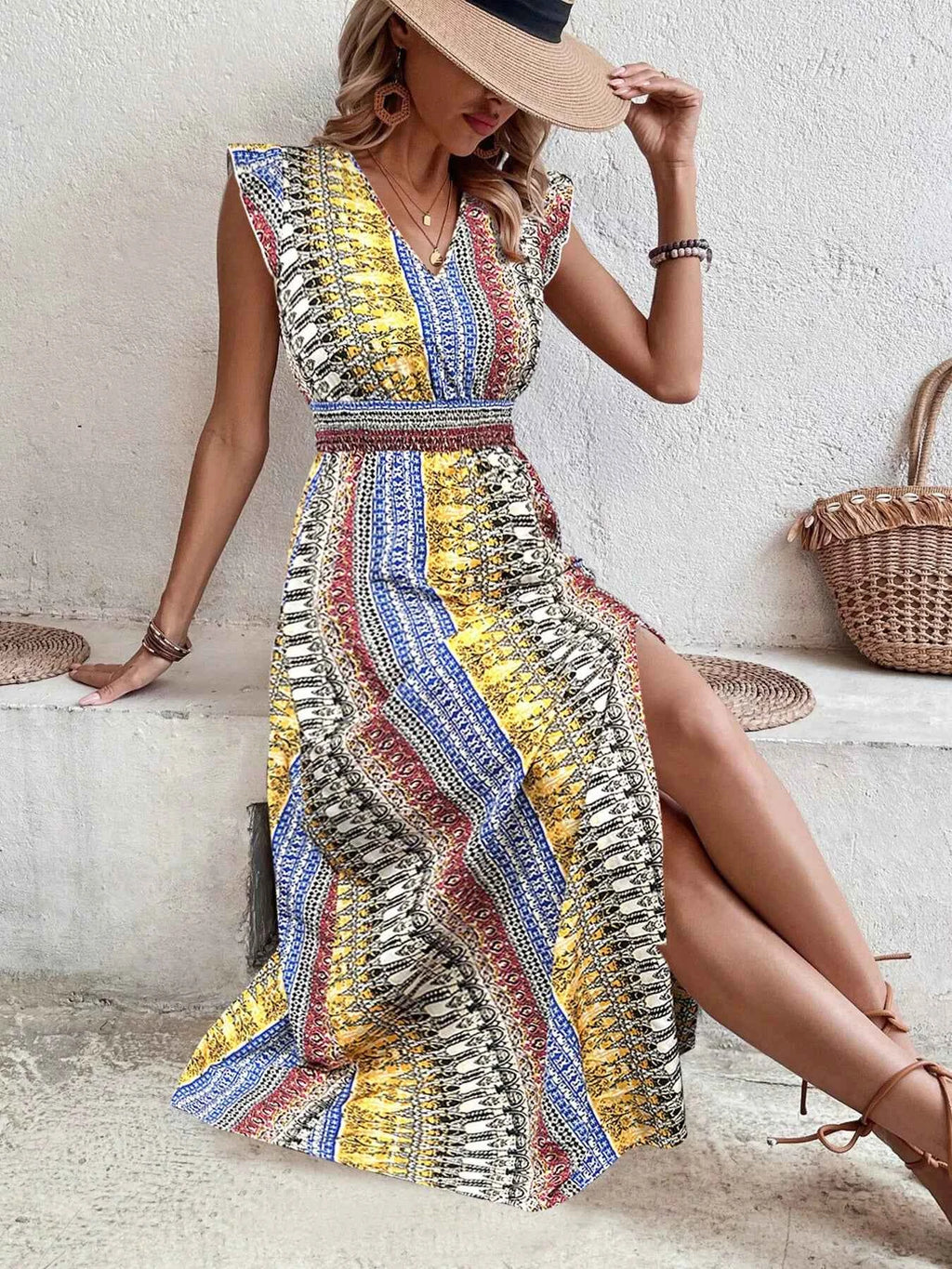 Boho Print Ruffle Sleeve Slit Dress-Casual Dresses-Splashis-Splashis