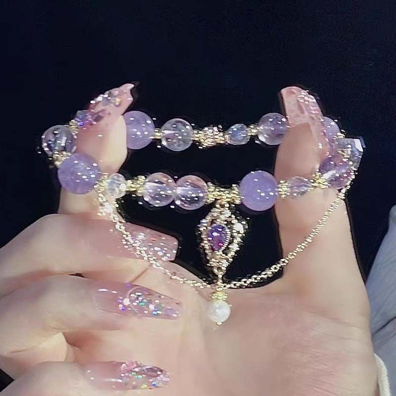 Handmade crystal beaded bracelet purple mandala detail - view 4