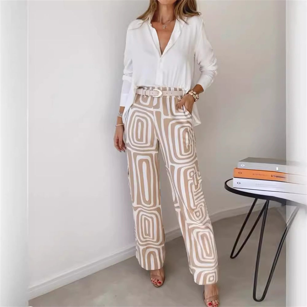 Women’s Printed Lapel Shirt & Wide-Leg Pants Set, shown in a clear product image
