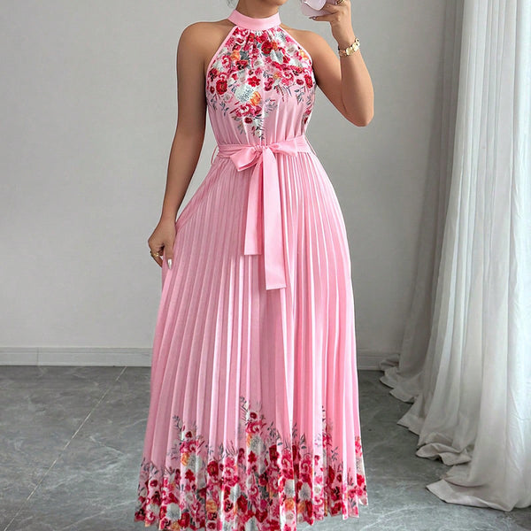 Women's Floral Print Pleated Maxi Dress, shown in a clear product image