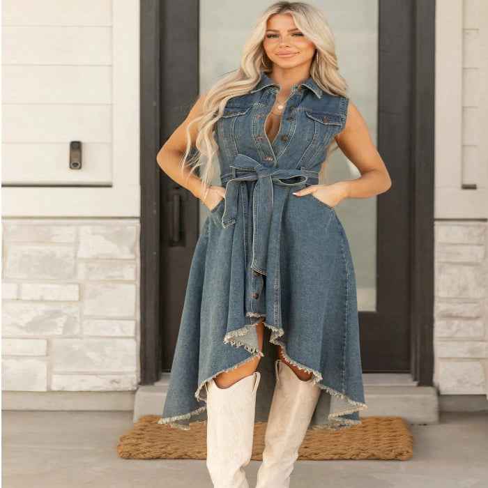 Sleeveless empire waist dress with hollow detail — primary view