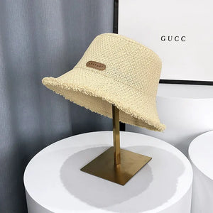 Beige raw-edge bucket sun hat for women