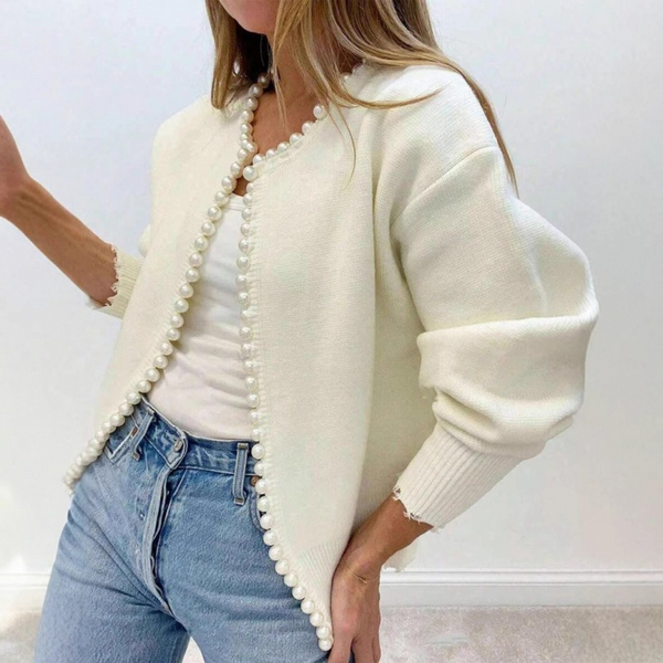 White mock neck knitted cardigan for women