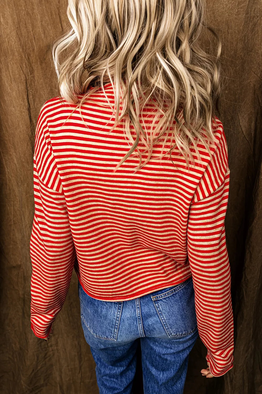 Stripe Striped Button Collar Long Sleeve Knit Cardigan view 3