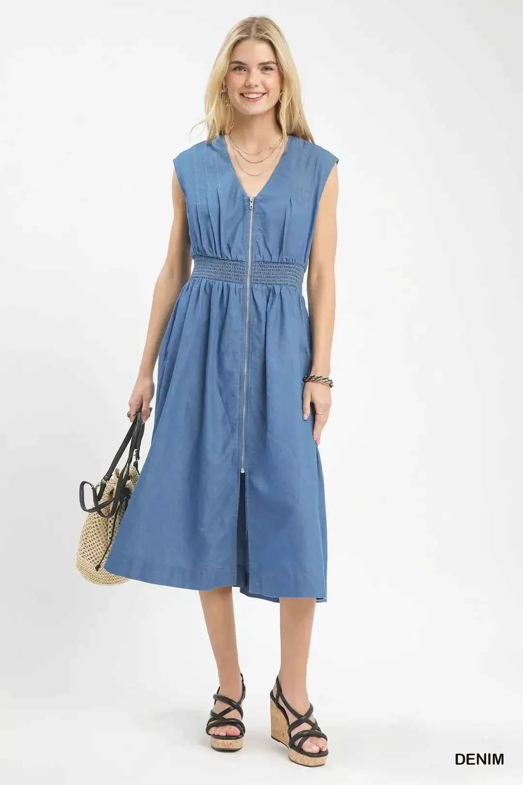 Denim sleeveless zip-front smocked waist midi dress — additional view 4