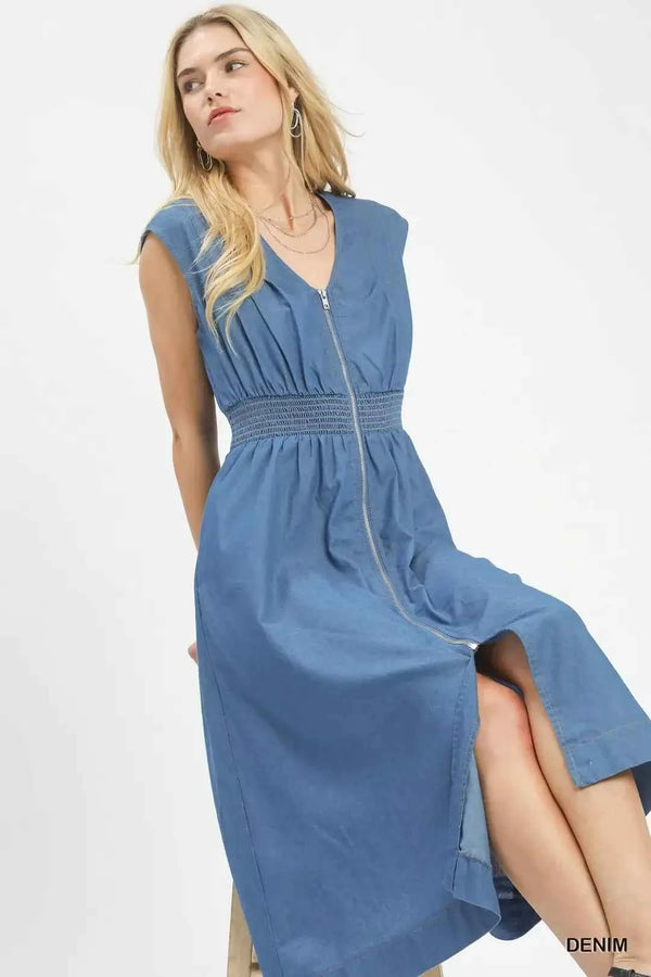 Denim sleeveless zip-front smocked waist midi dress — additional view 6