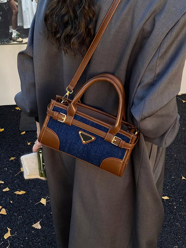 Denim patchwork crossbody bag with buckle detail — additional view 10