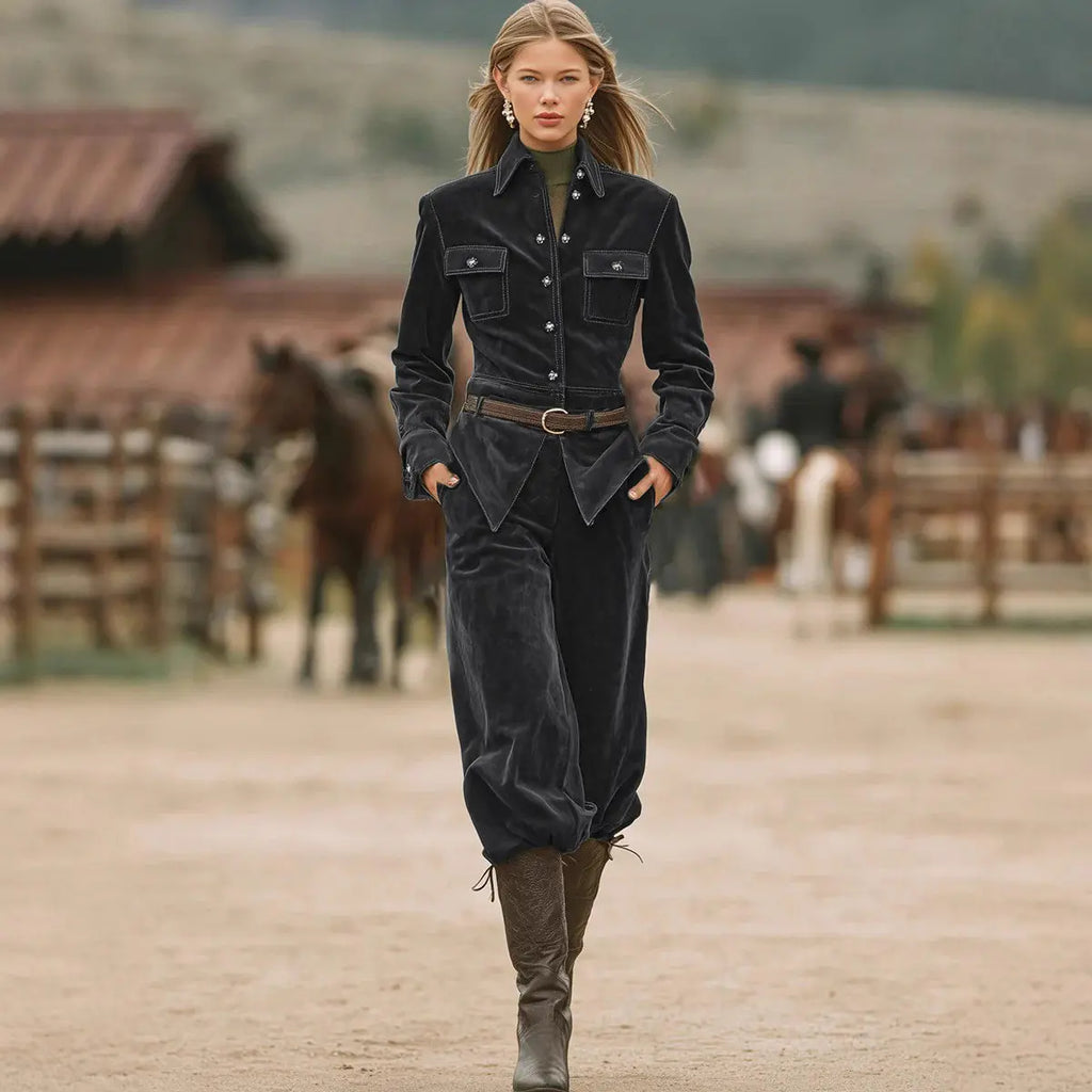 Black women's corduroy belted jacket and pants set