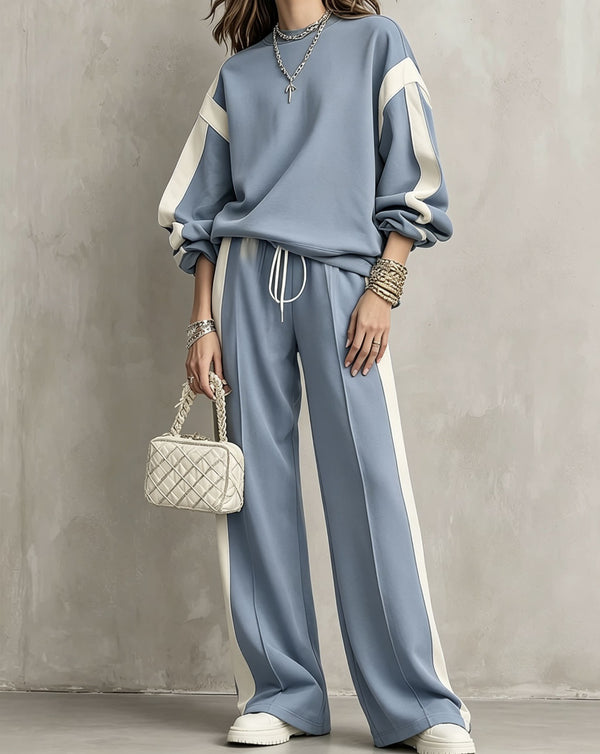 Blue-gray sweatshirt and wide-leg pants set with cream contrast panels