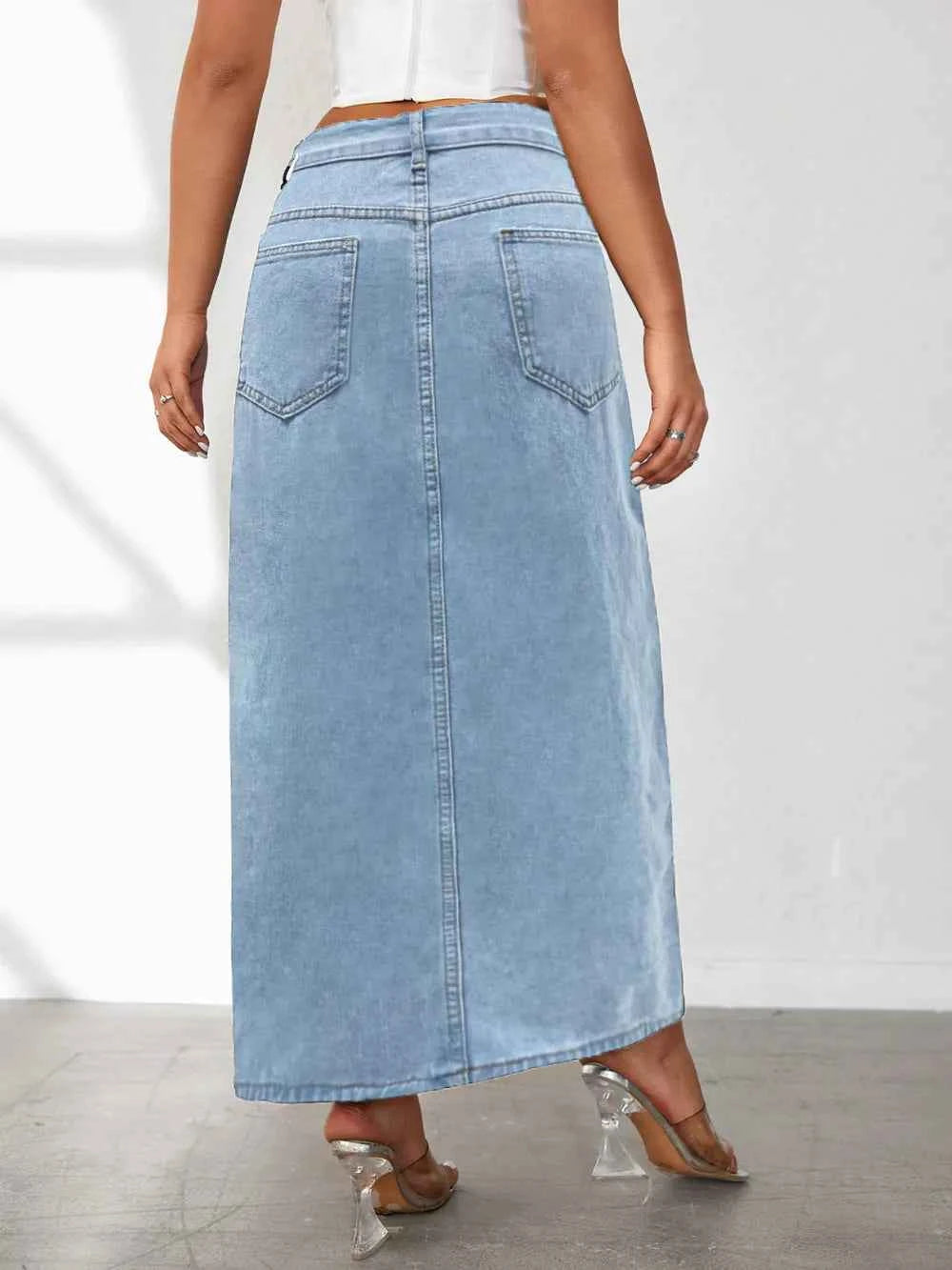 High-rise denim skirt with side slit — additional view 5