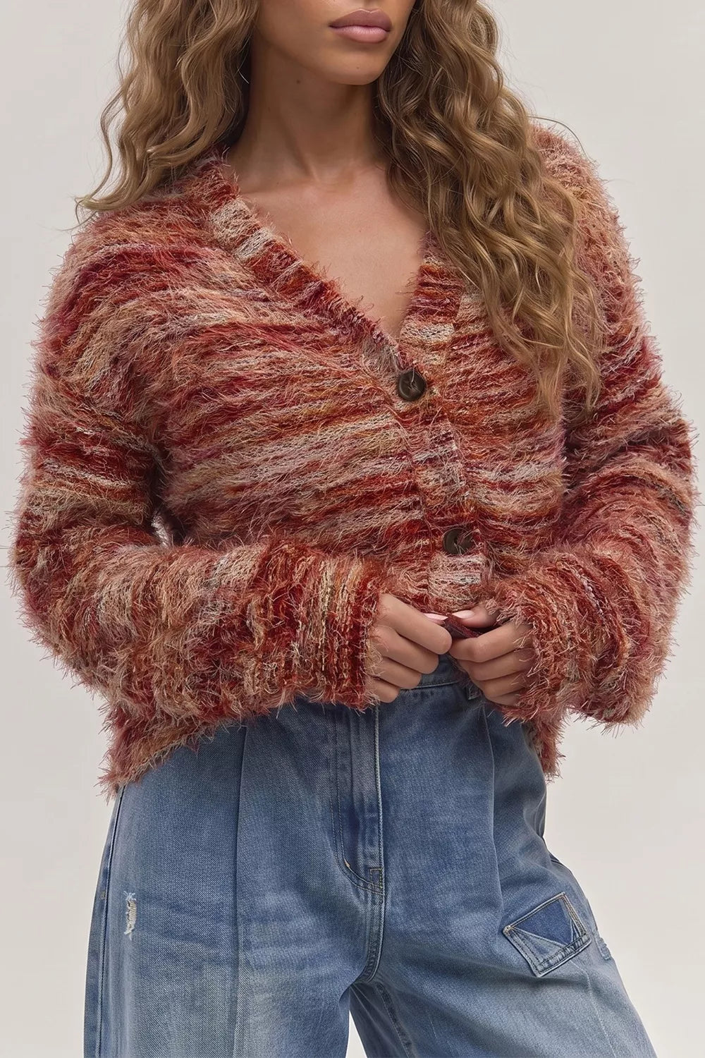 Fuzzy Striped Button Front Cardigan Sweater view 2