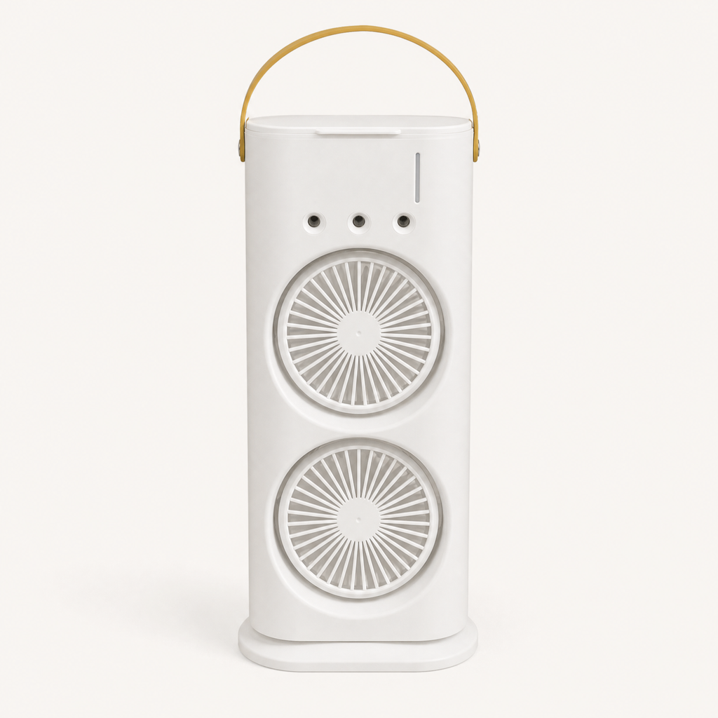 USB Dual Head Desktop Fan with Mist Spray Function, shown in a clear product image