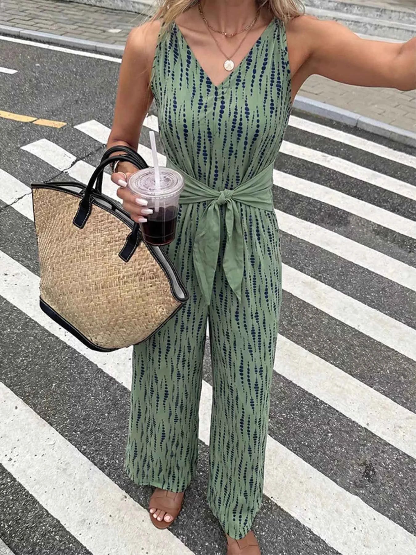 Wide Leg Tie Waist Printed Jumpsuit-Jumpsuit-Splashis-Splashis