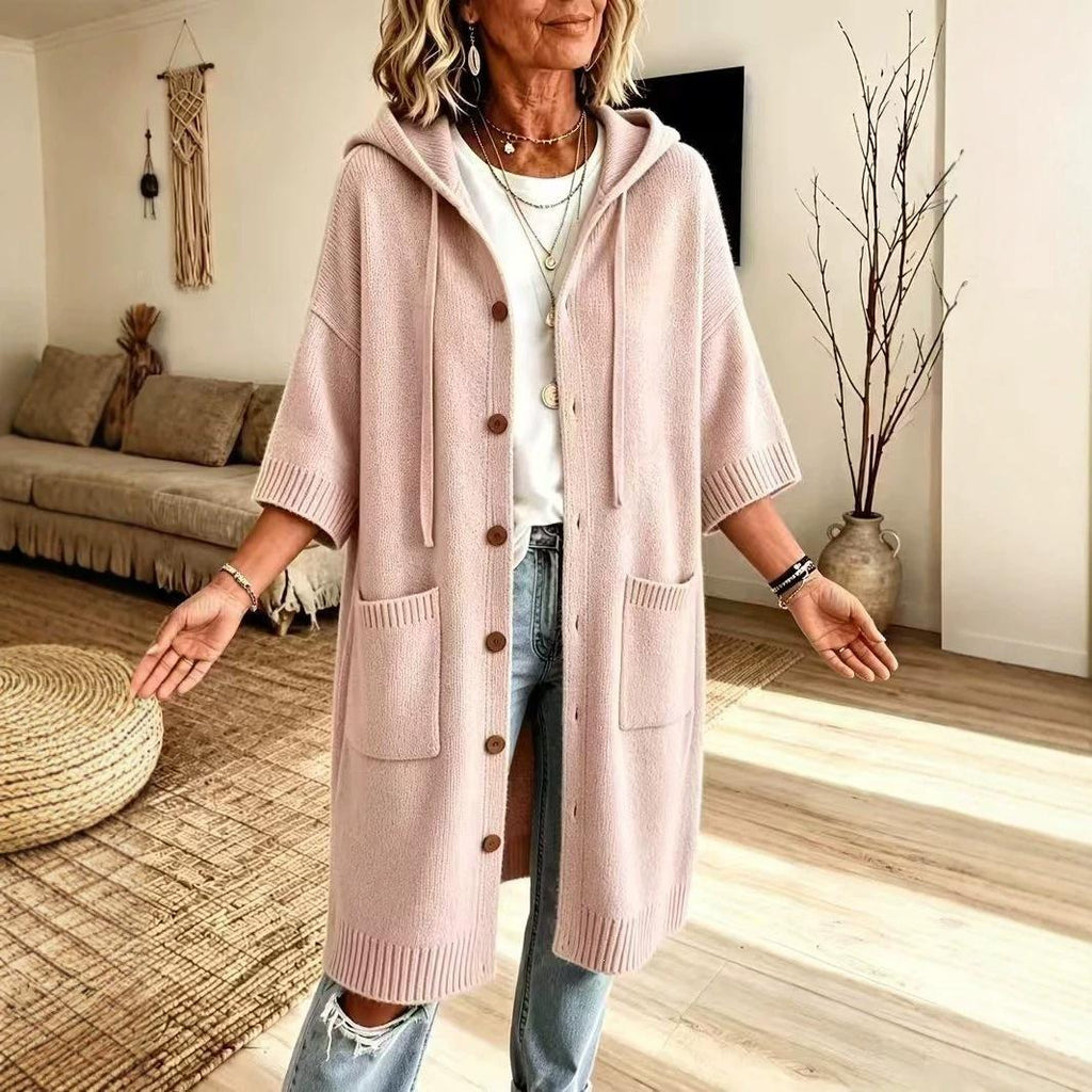 Hooded knitted cardigan coat, fabric detail