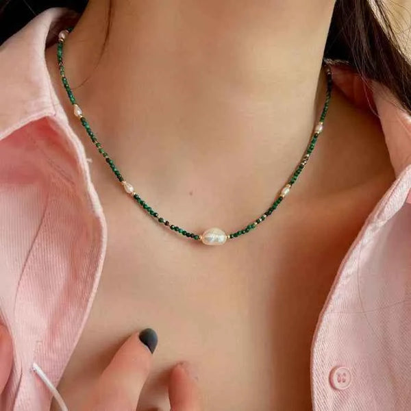 Freshwater pearl and malachite beaded necklace — primary view