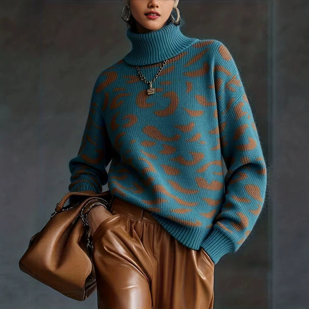 Women's Leopard Print Turtleneck Sweater-Splashis