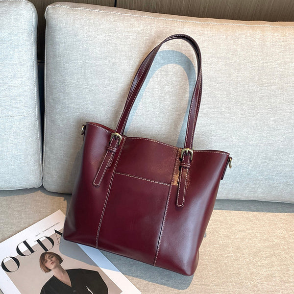 Leather tote bag color options Deep Wine Red and Caramel