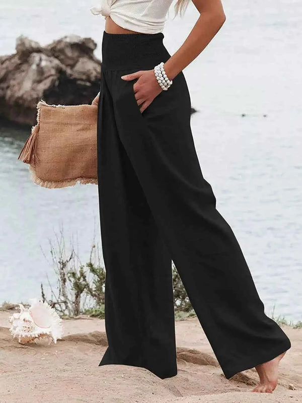 Smocked high-waisted wide-leg pants — additional view 6
