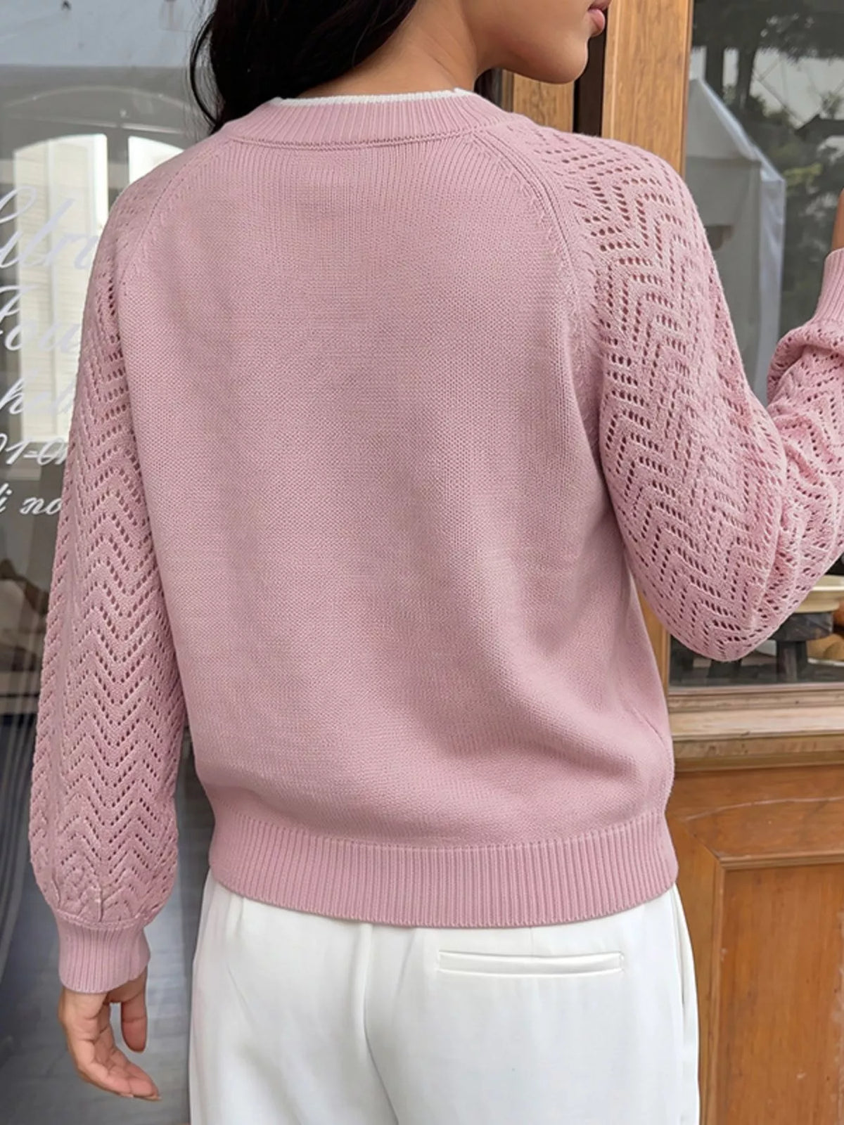 V-Neck Openwork Long Sleeve Sweater, alternate product view