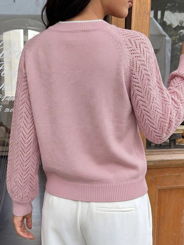 V-neck openwork long sleeve sweater — additional view 6