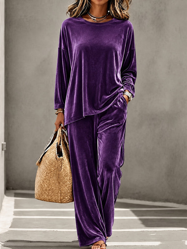 Purple round neck top and pants set for women