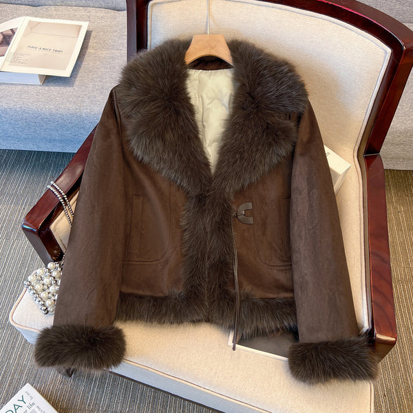 Brown cropped coat showing the plush collar, cuffs and hem