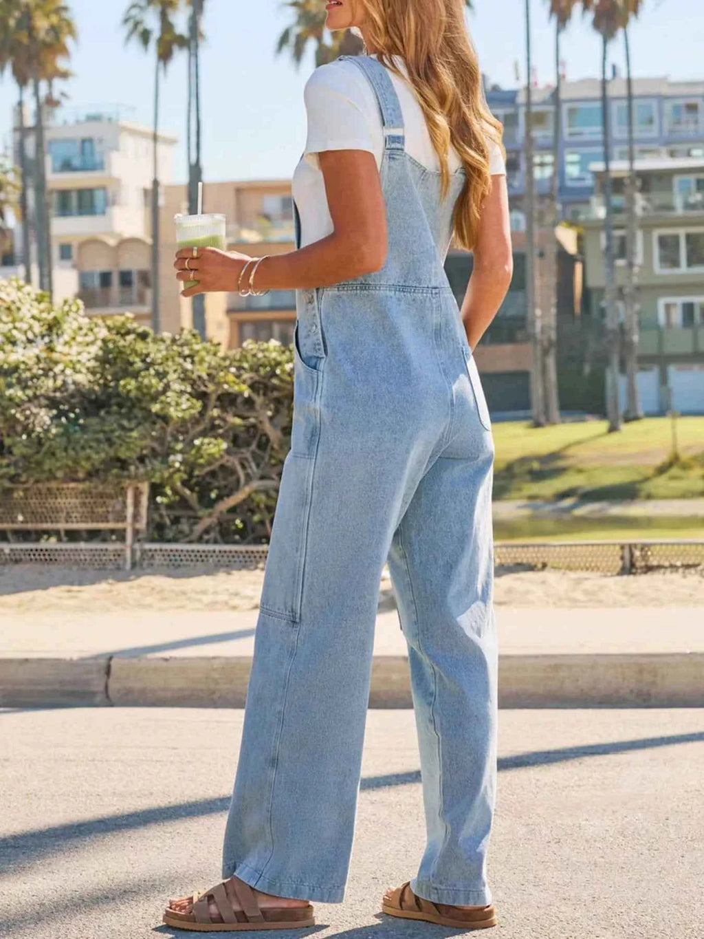 Washed wide-leg denim overalls — additional view 5